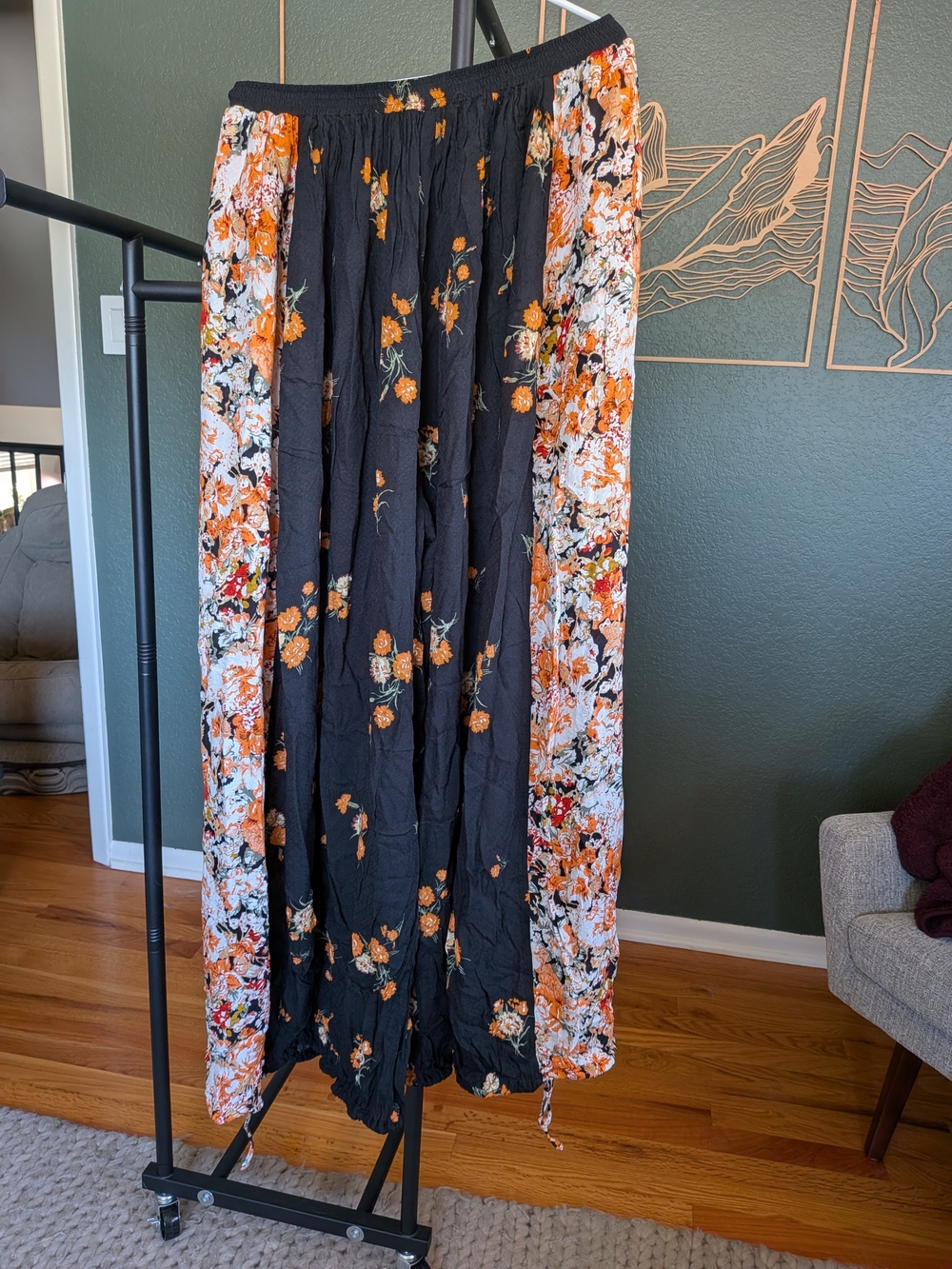Free People Black Balloon Pants with Orange Floral Print